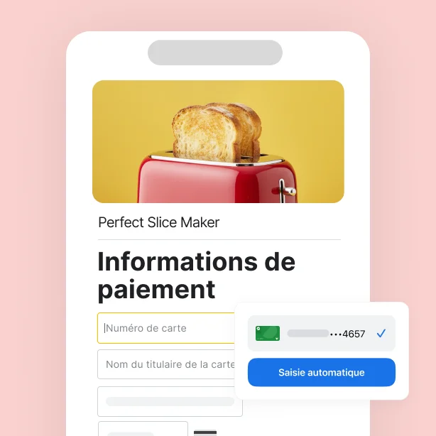 Sur l'écran des infos de paiement d'un site de vente au détail, Chrome propose de saisir automatiquement les infos de paiement enregistrées.