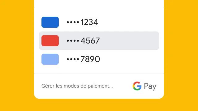 Pour des raisons de sécurité, Google Pay n'affiche que les quatre derniers chiffres de trois cartes de crédit.